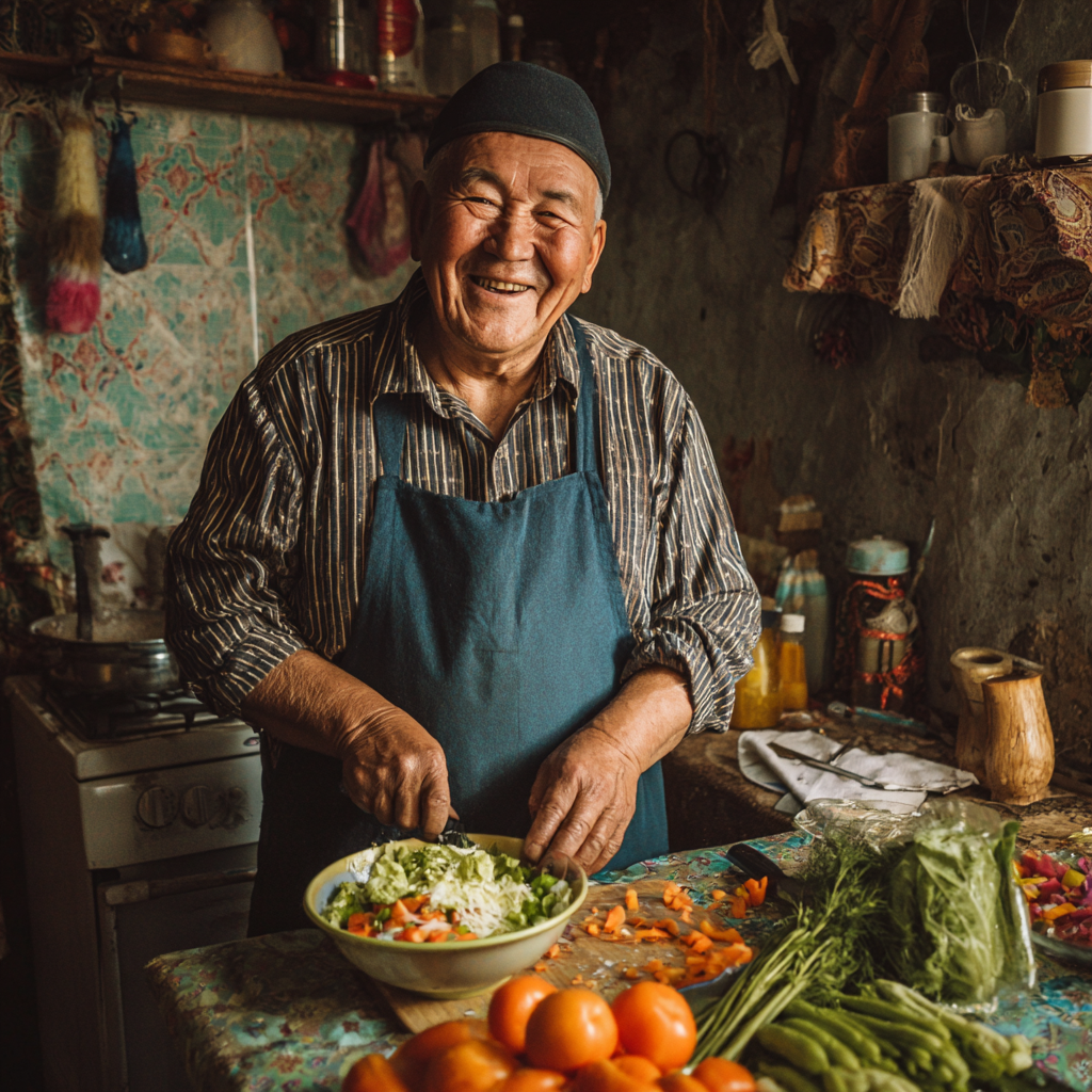 Улыбающиеся пожилые европейцы готовят здоровую еду на кухне, демонстрируя радость от правильного питания